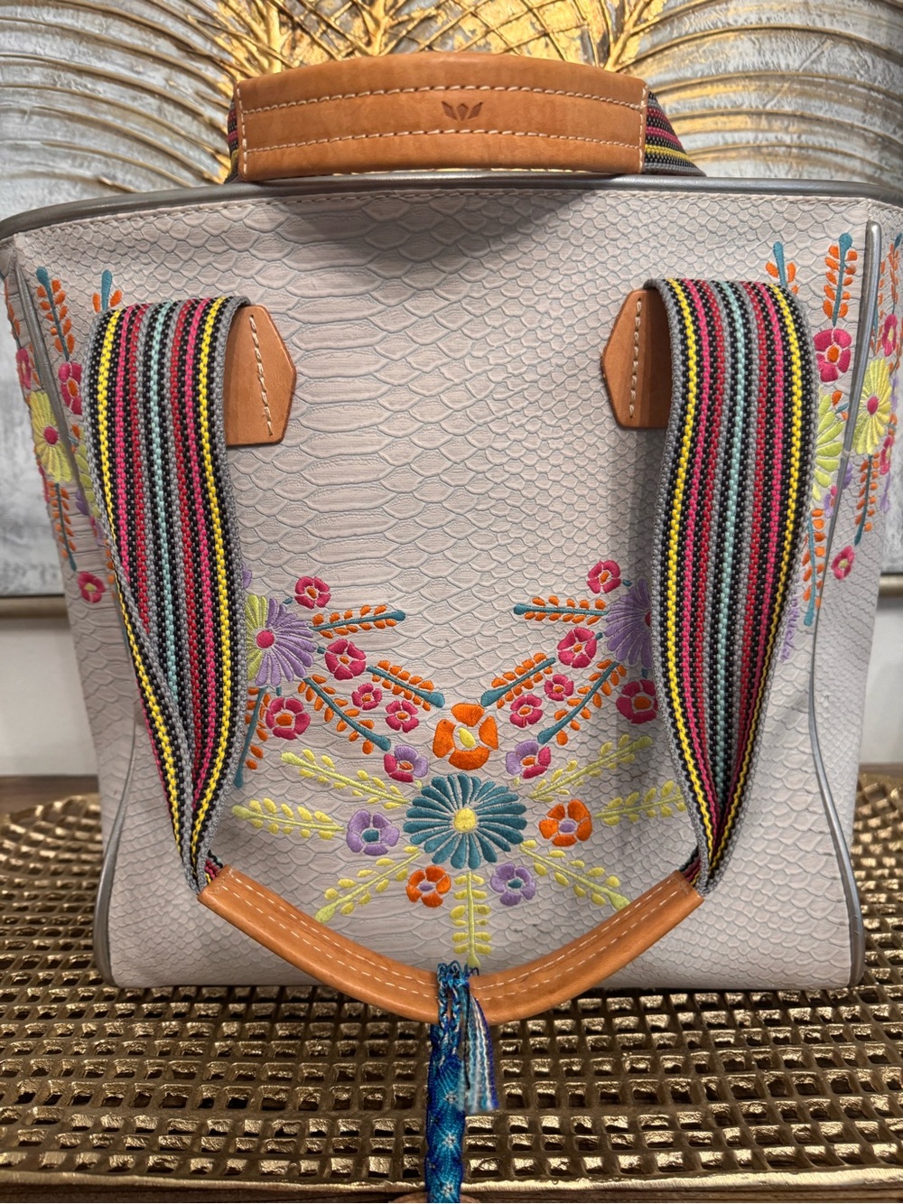 Consuela Light Gray Embroidered Floral Tote with Multicolor Straps